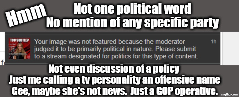 Not one political word
No mention of any specific party Not even discussion of a policy 
Just me calling a tv personality an offensive name
 | made w/ Imgflip meme maker
