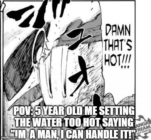 stuped 5 year old me | POV: 5 YEAR OLD ME SETTING THE WATER TOO HOT SAYING "IM  A MAN, I CAN HANDLE IT!" | image tagged in damn that's hot | made w/ Imgflip meme maker