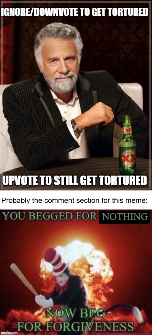 But That's a Risk I'm Willing to Take | IGNORE/DOWNVOTE TO GET TORTURED; UPVOTE TO STILL GET TORTURED; Probably the comment section for this meme:; NOTHING | image tagged in memes,upvote begging,ragebait,not upvote begging,nothing to see here,never gonna give you up | made w/ Imgflip meme maker