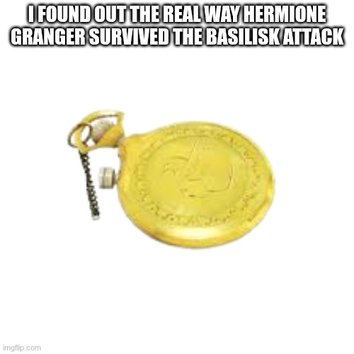 the harry potter is a spy | I FOUND OUT THE REAL WAY HERMIONE GRANGER SURVIVED THE BASILISK ATTACK | image tagged in dead ringer | made w/ Imgflip meme maker