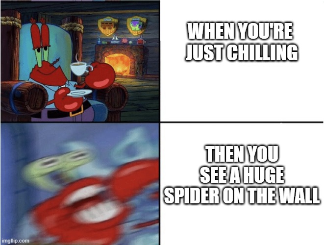 This Always Sucks | WHEN YOU'RE 
JUST CHILLING; THEN YOU SEE A HUGE SPIDER ON THE WALL | image tagged in mr krabs calm then angry,relatable,relatable memes | made w/ Imgflip meme maker