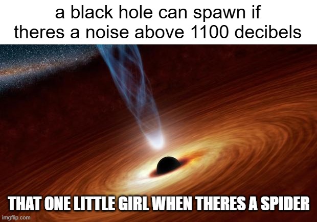 Black Holes | a black hole can spawn if theres a noise above 1100 decibels THAT ONE LITTLE GIRL WHEN THERES A SPIDER | image tagged in black holes | made w/ Imgflip meme maker