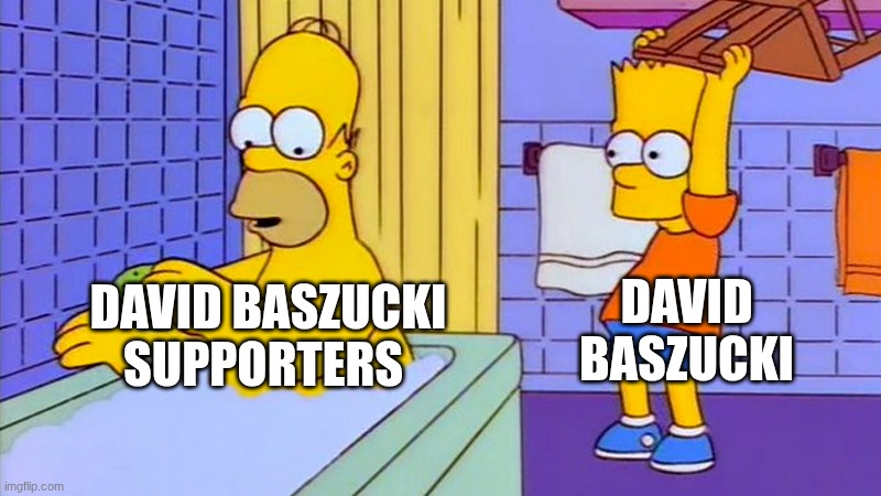 you can't trust roblox | DAVID BASZUCKI; DAVID BASZUCKI SUPPORTERS | image tagged in bart hitting homer with a chair | made w/ Imgflip meme maker