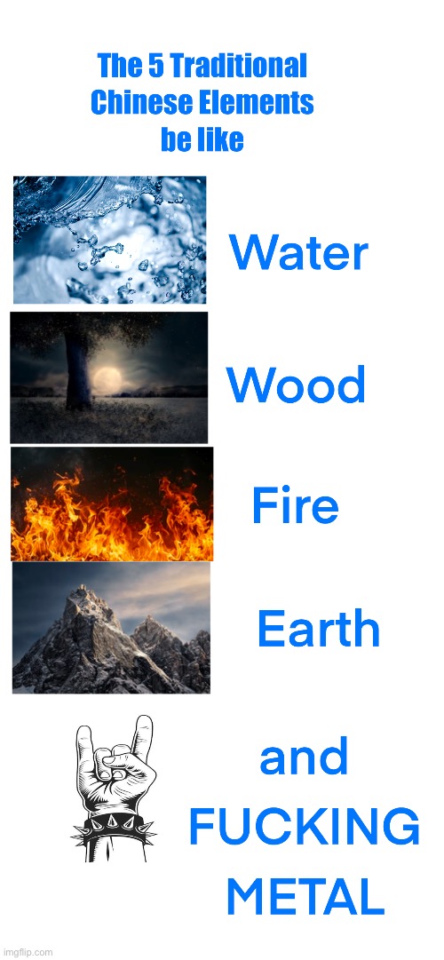 The 5 Elements | image tagged in chinese,elements,five elements,wuxing,amazing cultivation simulator,metal | made w/ Imgflip meme maker