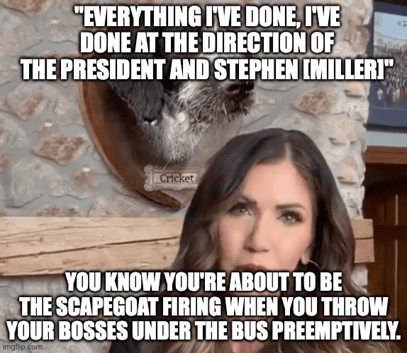 Leopards Ate My Face | "EVERYTHING I'VE DONE, I'VE DONE AT THE DIRECTION OF THE PRESIDENT AND STEPHEN [MILLER]"; YOU KNOW YOU'RE ABOUT TO BE THE SCAPEGOAT FIRING WHEN YOU THROW YOUR BOSSES UNDER THE BUS PREEMPTIVELY. | image tagged in kristi noem cricket mounted head trump election,donald trump,stephen miller,sacrifice,scapegoat | made w/ Imgflip meme maker