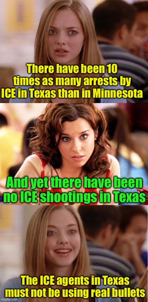 Dumb Minnesota Blonde | There have been 10 times as many arrests by ICE in Texas than in Minnesota; And yet there have been no ICE shootings in Texas; The ICE agents in Texas must not be using real bullets | image tagged in blonde pun,minnesota,dumb blonde | made w/ Imgflip meme maker