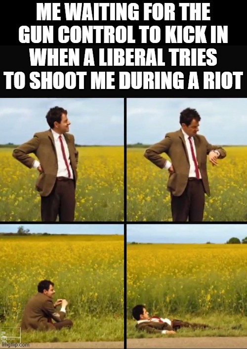 i can control my own gun better than any law | ME WAITING FOR THE GUN CONTROL TO KICK IN WHEN A LIBERAL TRIES TO SHOOT ME DURING A RIOT | image tagged in mr bean waiting | made w/ Imgflip meme maker