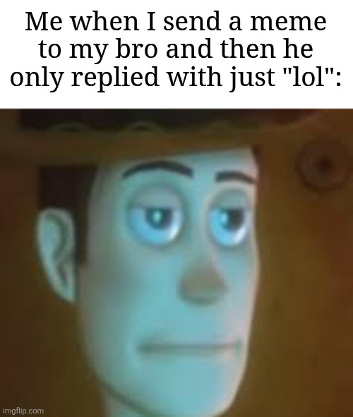 Bruh | Me when I send a meme to my bro and then he only replied with just "lol": | image tagged in disappointed woody,memes,funny,oh wow are you actually reading these tags | made w/ Imgflip meme maker