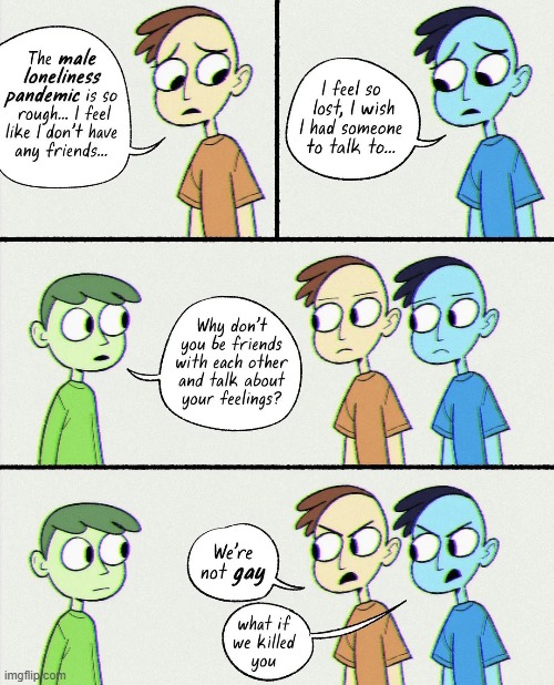 Fellas, is it gay to support each other? | image tagged in men,loneliness,friends,talking,feelings,gay | made w/ Imgflip meme maker