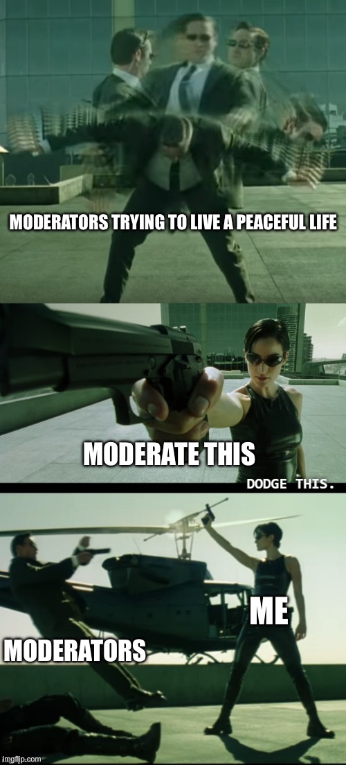 Trinity | MODERATORS TRYING TO LIVE A PEACEFUL LIFE; MODERATE THIS; ME; MODERATORS | image tagged in matrix dodge this | made w/ Imgflip meme maker