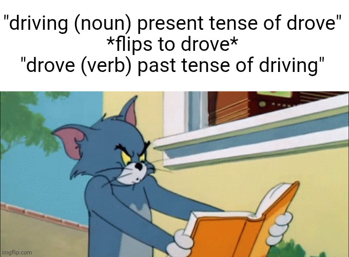 I hate dictionaries sometimes | "driving (noun) present tense of drove"
*flips to drove*
"drove (verb) past tense of driving" | image tagged in memes,relatable,dictionary,words,grammar,annoying | made w/ Imgflip meme maker