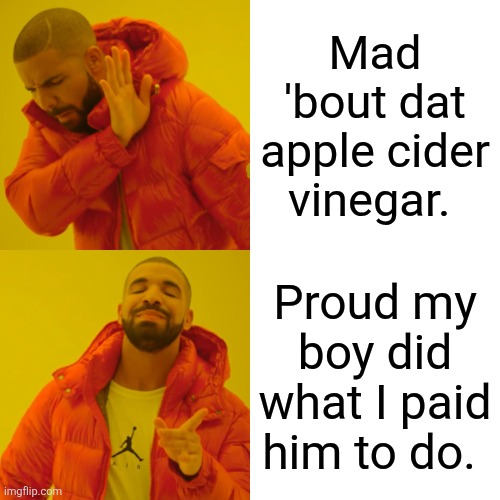 Drake Hotline Bling Meme | Mad 'bout dat apple cider vinegar. Proud my boy did what I paid him to do. | image tagged in memes,drake hotline bling | made w/ Imgflip meme maker