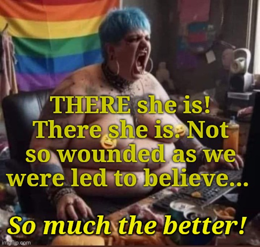 The Wrath of Con (or) It's Only Stalking if You're Caught | THERE she is! There she is. Not so wounded as we were led to believe... So much the better! | image tagged in blue haired he/she | made w/ Imgflip meme maker