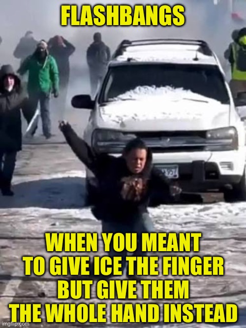 A Hands Off Approach | FLASHBANGS; WHEN YOU MEANT TO GIVE ICE THE FINGER
BUT GIVE THEM THE WHOLE HAND INSTEAD | image tagged in hand,flashbang,ice,protest | made w/ Imgflip meme maker