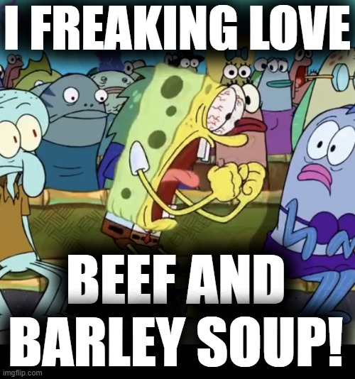soup | I FREAKING LOVE; BEEF AND BARLEY SOUP! | image tagged in spongebob yelling,rmk,beef and barley | made w/ Imgflip meme maker