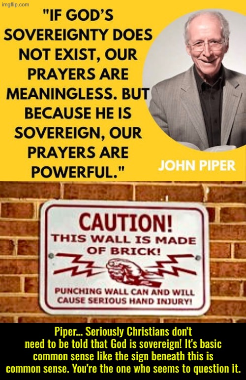 We know this. They're the ones who doubt His sovereignty | Piper... Seriously Christians don't need to be told that God is sovereign! It's basic common sense like the sign beneath this is common sense. You're the one who seems to question it. | image tagged in calvinism,calvinist memes,anti calvinism,reformed theology,common sense,john piper | made w/ Imgflip meme maker