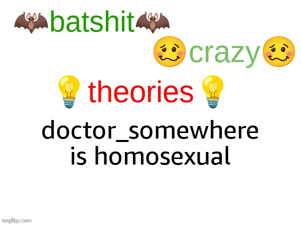 batshit crazy theories | doctor_somewhere is homosexual | image tagged in batshit crazy theories | made w/ Imgflip meme maker