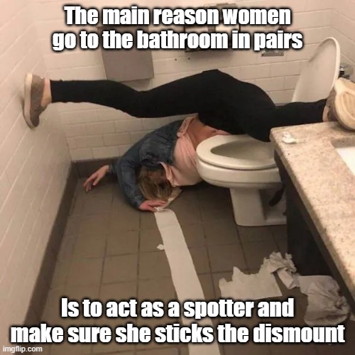 Toilet Dismount | The main reason women go to the bathroom in pairs; Is to act as a spotter and make sure she sticks the dismount | image tagged in bathroom humor,dismount,women,pairs,spotter | made w/ Imgflip meme maker