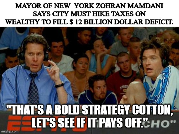 You get what you voted for! | MAYOR OF NEW  YORK ZOHRAN MAMDANI SAYS CITY MUST HIKE TAXES ON WEALTHY TO FILL $ 12 BILLION DOLLAR DEFICIT. "THAT'S A BOLD STRATEGY COTTON, 
LET'S SEE IF IT PAYS OFF." | image tagged in bold strategy cotton,taxes,wealth,new york,mayor,socialism | made w/ Imgflip meme maker