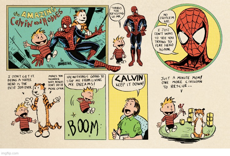 A Calvin & Hobbes and Spider-Man fan art mashup… | image tagged in comics,spiderman,calvin and hobbes,mashup,fan art | made w/ Imgflip meme maker