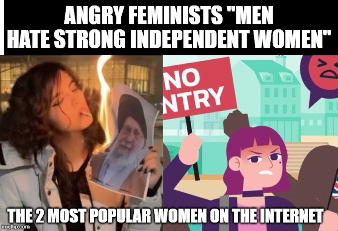 Amelia UK  waifu | ANGRY FEMINISTS "MEN HATE STRONG INDEPENDENT WOMEN"; THE 2 MOST POPULAR WOMEN ON THE INTERNET | made w/ Imgflip meme maker