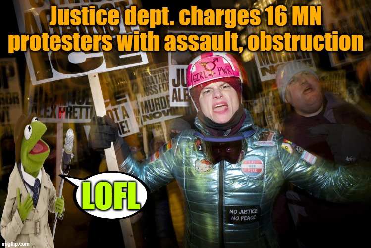 Lock 'em up | Justice dept. charges 16 MN protesters with assault, obstruction; LOFL | image tagged in assault,girl power,ice,maga | made w/ Imgflip meme maker