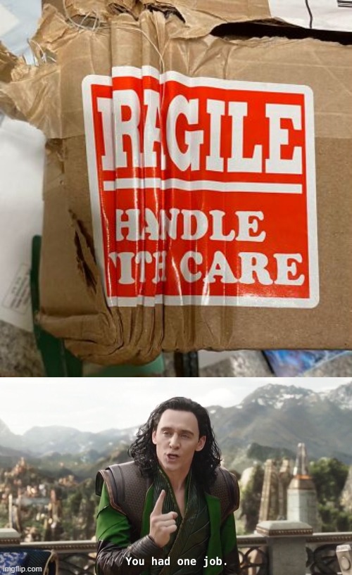 job had delivery guy one | image tagged in you had one job just the one,packege,it says fragile dumahh | made w/ Imgflip meme maker