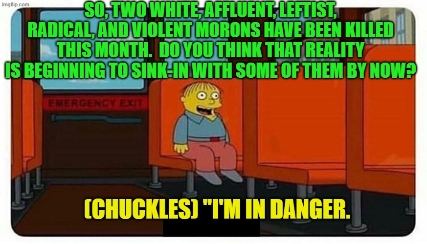Pssst . . . FAFO is no longer just a concept that applies only to conservatives.  Welcome to true equality. | SO, TWO WHITE, AFFLUENT, LEFTIST, RADICAL, AND VIOLENT MORONS HAVE BEEN KILLED THIS MONTH.  DO YOU THINK THAT REALITY IS BEGINNING TO SINK-IN WITH SOME OF THEM BY NOW? (CHUCKLES) "I'M IN DANGER. | image tagged in ralph in danger | made w/ Imgflip meme maker