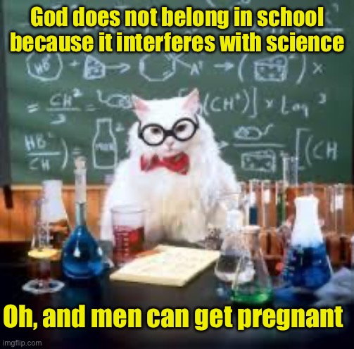 Liberal Logic | God does not belong in school because it interferes with science; Oh, and men can get pregnant | image tagged in teacher cat,liberal logic | made w/ Imgflip meme maker