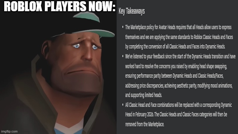 Thanks a lot Roblox... -_- | ROBLOX PLAYERS NOW: | image tagged in roblox,funny,memes,tf2 heavy,bad news | made w/ Imgflip meme maker