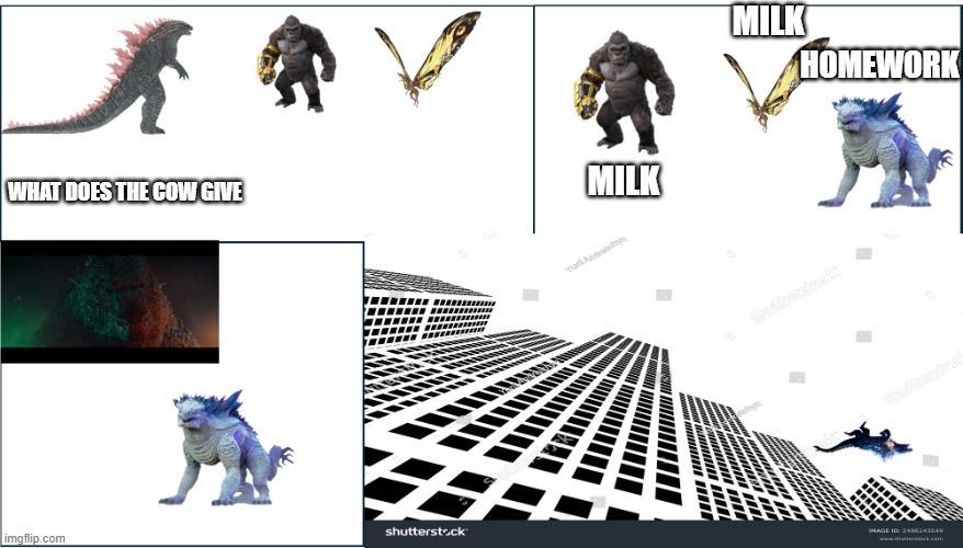 I guess the teacher hates that answer | MILK; HOMEWORK; MILK; WHAT DOES THE COW GIVE | image tagged in meeting board room template godzilla version | made w/ Imgflip meme maker