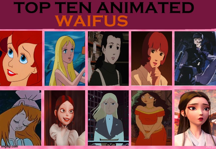 top 10 animated waifus | image tagged in kawengex,top 10,animated,animated movies,top 10 waifus,cinema | made w/ Imgflip meme maker