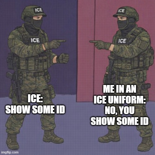 ICE agent Dupes | ME IN AN ICE UNIFORM: NO, YOU SHOW SOME ID; ICE: SHOW SOME ID | image tagged in ice agent dupes | made w/ Imgflip meme maker