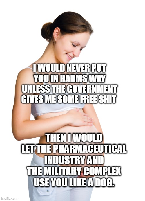 Pregnant woman | I WOULD NEVER PUT YOU IN HARMS WAY UNLESS THE GOVERNMENT GIVES ME SOME FREE SHIT; THEN I WOULD LET THE PHARMACEUTICAL INDUSTRY AND THE MILITARY COMPLEX USE YOU LIKE A DOG. | image tagged in pregnant woman | made w/ Imgflip meme maker
