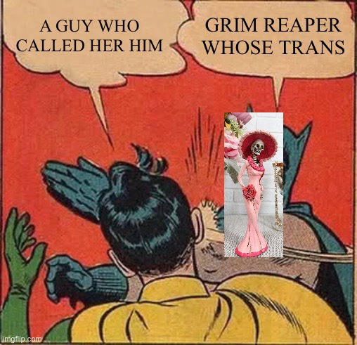 Batman Slapping Robin Meme | A GUY WHO CALLED HER HIM; GRIM REAPER WHOSE TRANS | image tagged in memes,batman slapping robin | made w/ Imgflip meme maker