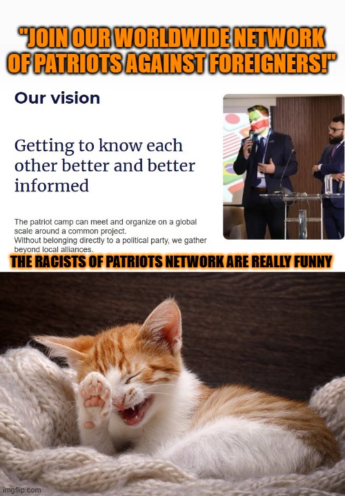 This #lolcat finds it funny dat racists really don't understand irony | "JOIN OUR WORLDWIDE NETWORK OF PATRIOTS AGAINST FOREIGNERS!"; THE RACISTS OF PATRIOTS NETWORK ARE REALLY FUNNY | image tagged in irony,racists,patriots,lolcat,funny | made w/ Imgflip meme maker