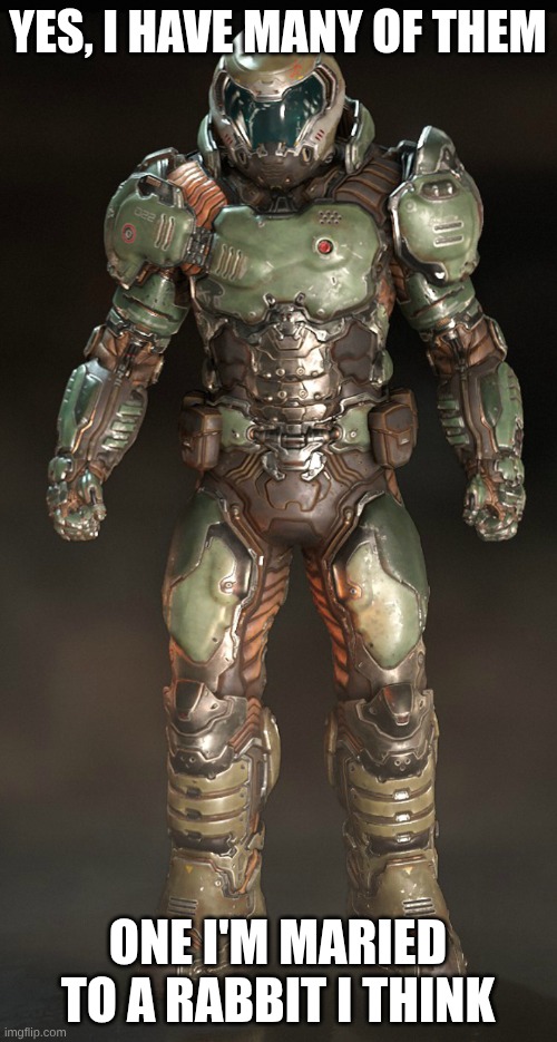 Doom guy | YES, I HAVE MANY OF THEM ONE I'M MARIED TO A RABBIT I THINK | image tagged in doom guy | made w/ Imgflip meme maker