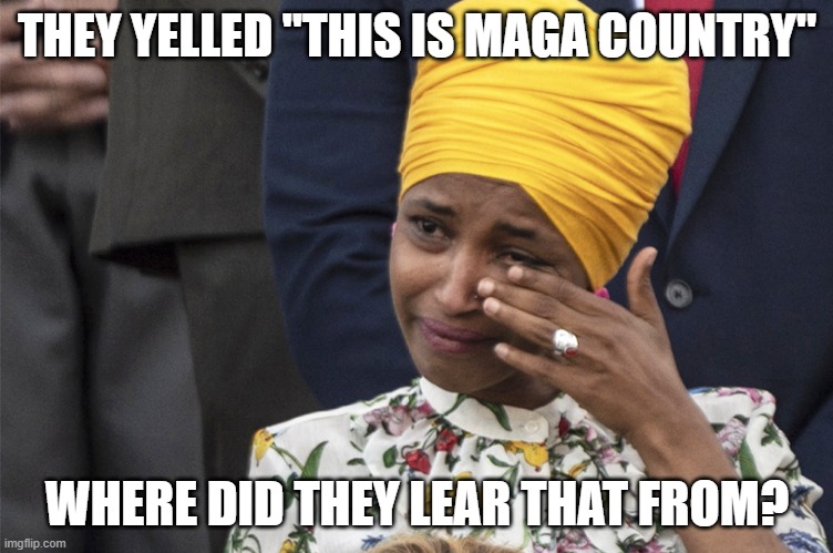 Ilhan Omar | THEY YELLED "THIS IS MAGA COUNTRY" WHERE DID THEY LEAR THAT FROM? | image tagged in ilhan omar | made w/ Imgflip meme maker