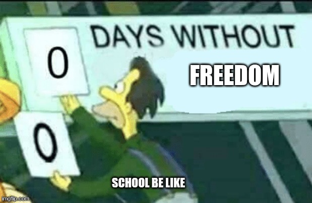 school sucks so bad | FREEDOM; SCHOOL BE LIKE | image tagged in 0 days without lenny simpsons | made w/ Imgflip meme maker