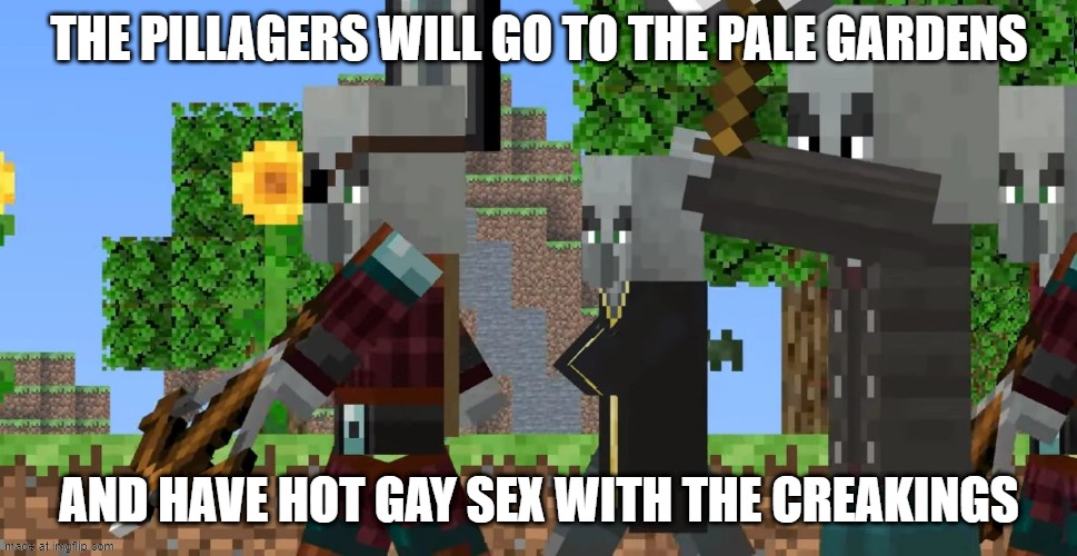 litterally every foxy501 post be like: | THE PILLAGERS WILL GO TO THE PALE GARDENS; AND HAVE HOT GAY SEX WITH THE CREAKINGS | image tagged in pillager patrol | made w/ Imgflip meme maker