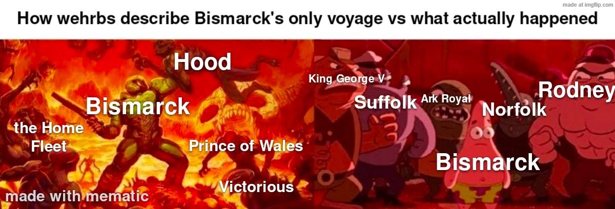 The story of the Royal Navy's hunt for Bismarck and the valor of their ships' crews should be better remembered than the 1940s | image tagged in ww2,nazi,doom,spongebob,repost | made w/ Imgflip meme maker