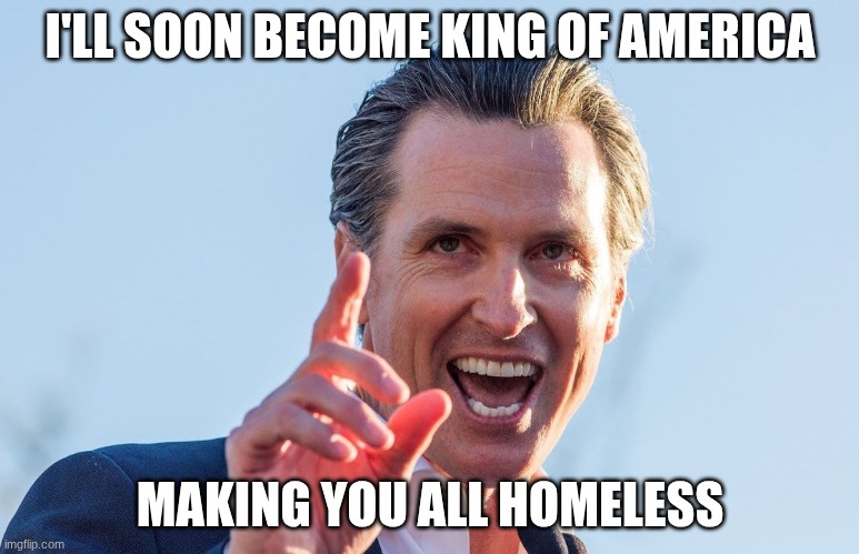 Insane Idiot Gavin Newsom | I'LL SOON BECOME KING OF AMERICA; MAKING YOU ALL HOMELESS | image tagged in insane idiot gavin newsom | made w/ Imgflip meme maker