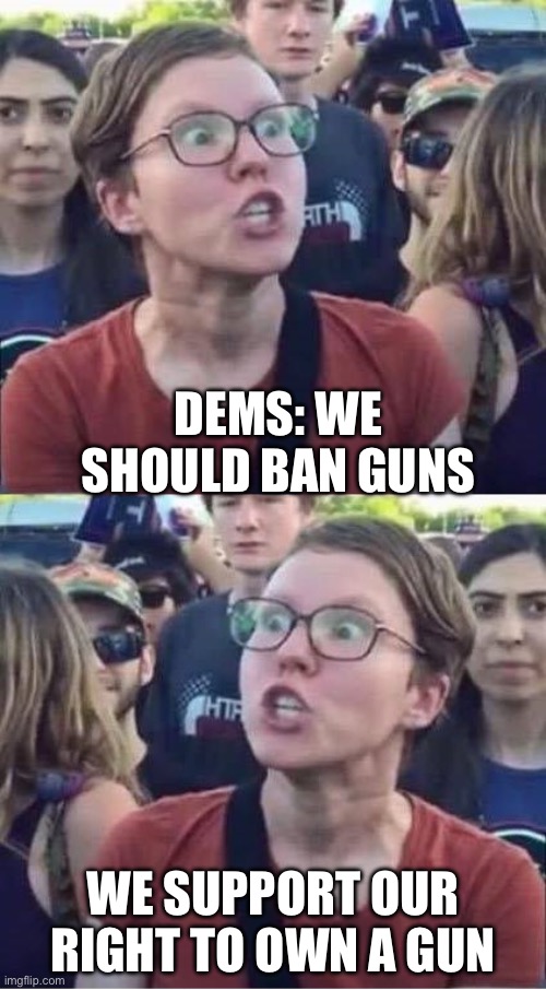2nd Amendment | DEMS: WE SHOULD BAN GUNS; WE SUPPORT OUR RIGHT TO OWN A GUN | image tagged in angry liberal hypocrite,2nd amendment,politics,political meme,gun control,gun rights | made w/ Imgflip meme maker
