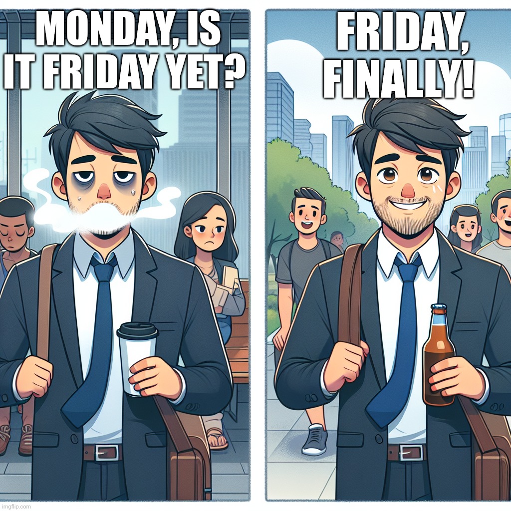Monday morning mood vs Friday evening mood. | FRIDAY, FINALLY! MONDAY, IS IT FRIDAY YET? | image tagged in monday morning mood vs friday evening mood,monday,friday | made w/ Imgflip meme maker