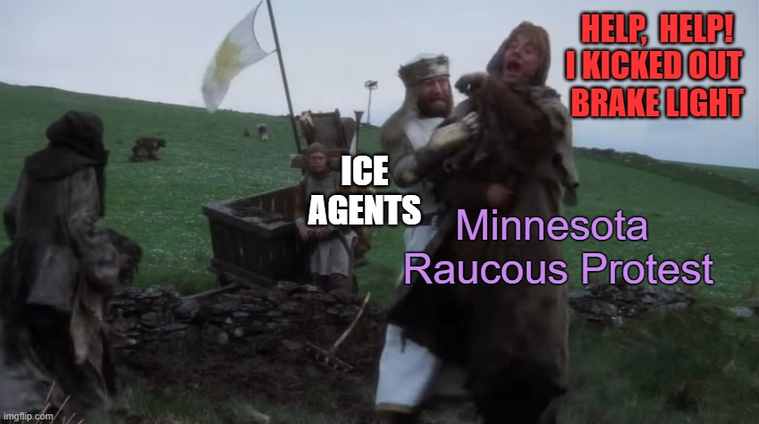 ICE
AGENTS Minnesota 
Raucous Protest HELP,  HELP!
I KICKED OUT 
BRAKE LIGHT | image tagged in help help i m being repressed | made w/ Imgflip meme maker