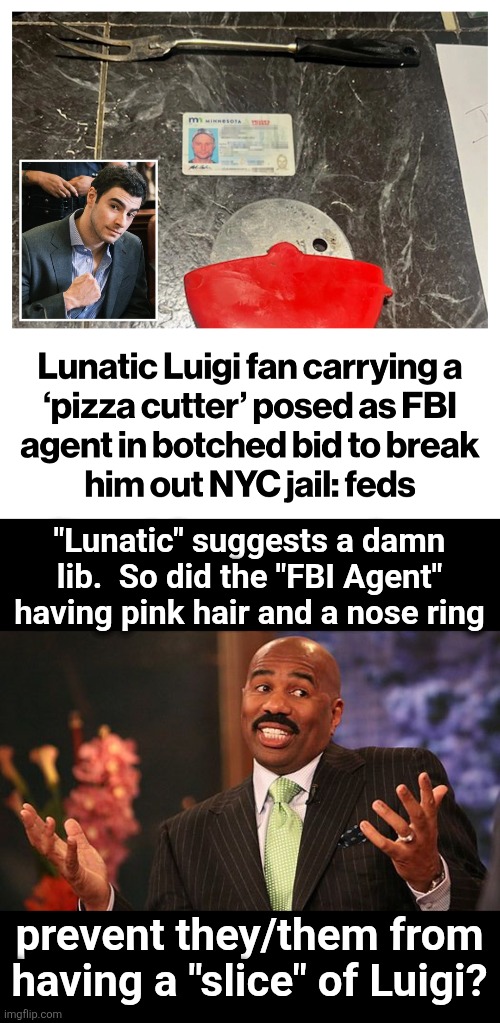 Another day, another case of lib craziness | "Lunatic" suggests a damn lib.  So did the "FBI Agent" having pink hair and a nose ring; prevent they/them from
having a "slice" of Luigi? | image tagged in shrug,memes,democrats,crazy,luigi magione,pizza cutter | made w/ Imgflip meme maker