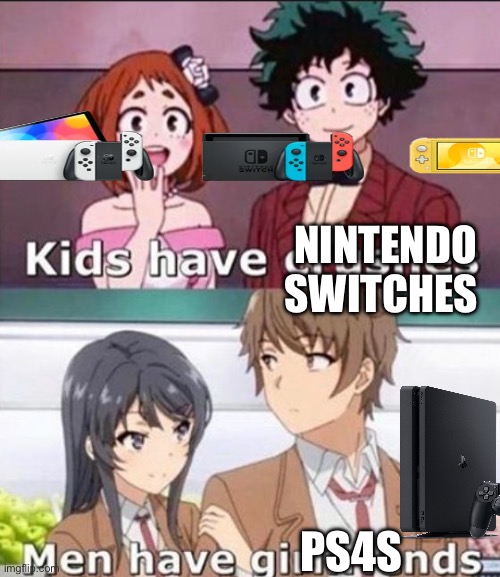 PS4 WILL NEVER DIE!!! | NINTENDO SWITCHES; PS4S | image tagged in kids have crushes,ps4,nintendo switch,kids,gamers,consoles | made w/ Imgflip meme maker