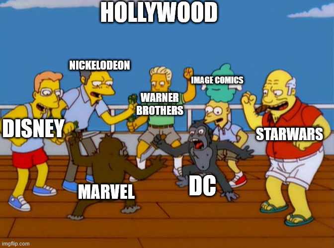 im a nerd for movies | HOLLYWOOD; NICKELODEON; IMAGE COMICS; WARNER BROTHERS; DISNEY; STARWARS; DC; MARVEL | image tagged in simpsons monkey fight | made w/ Imgflip meme maker