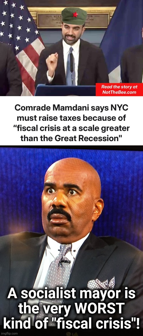 "Fiscal crisis"?!  I believe it! | A socialist mayor is
the very WORST
kind of "fiscal crisis"! | image tagged in steve harvey wtf face,memes,not the bee,zohran mamdani,fiscal crisis,democrats | made w/ Imgflip meme maker