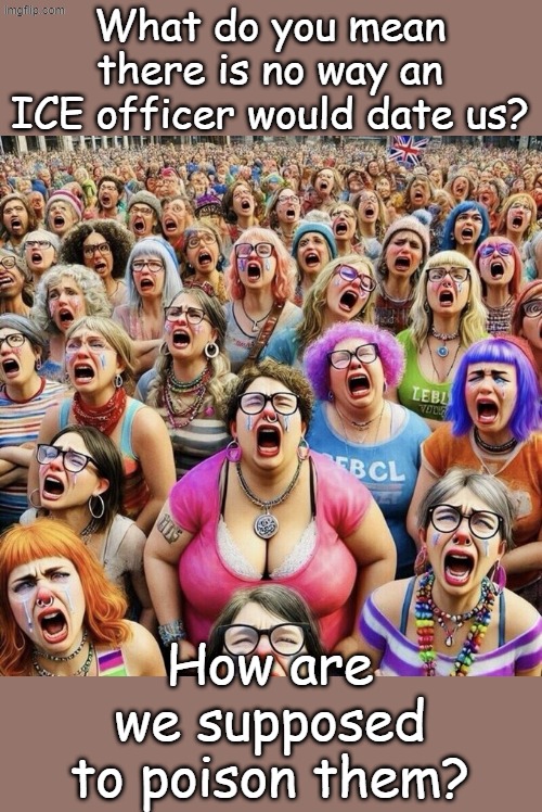 I feel pretti, oh so pretti I feel commie and whiny and gay, And I pity Any girl who isn't male today. | What do you mean there is no way an ICE officer would date us? How are we supposed to poison them? | image tagged in woke white liberal women | made w/ Imgflip meme maker